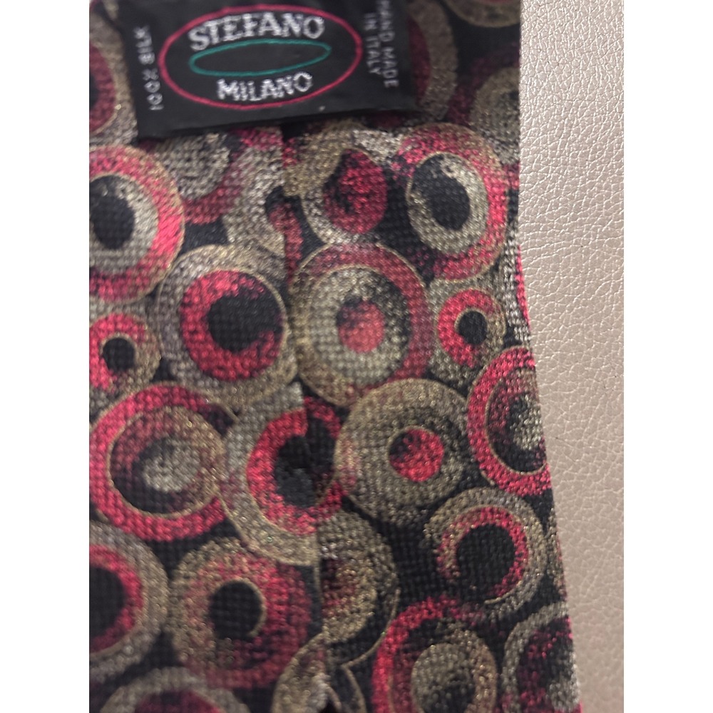 Stefano Milano Silk Tie Red Gold Black Geometric Circles Handmade in Italy Mens